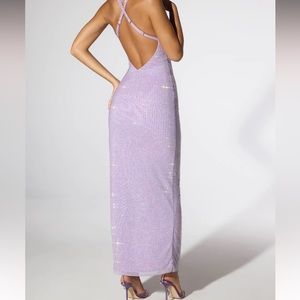 Embellished Plunge Neck Low Back Evening Gown in Lilac
